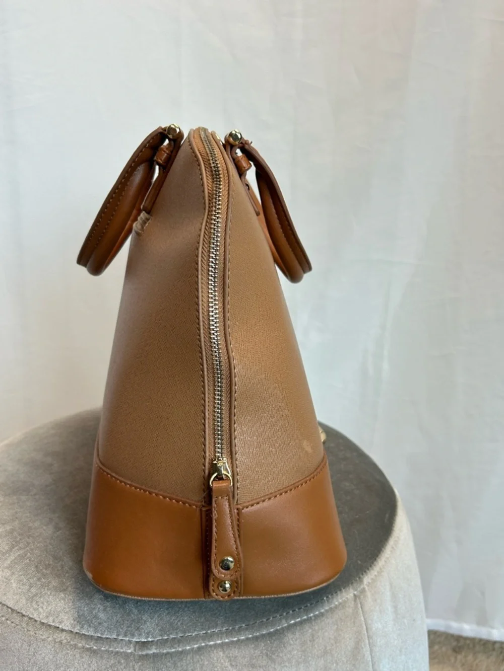 JustFab Camel brown faux leather satchel handbag tote dome shape gold-tone
